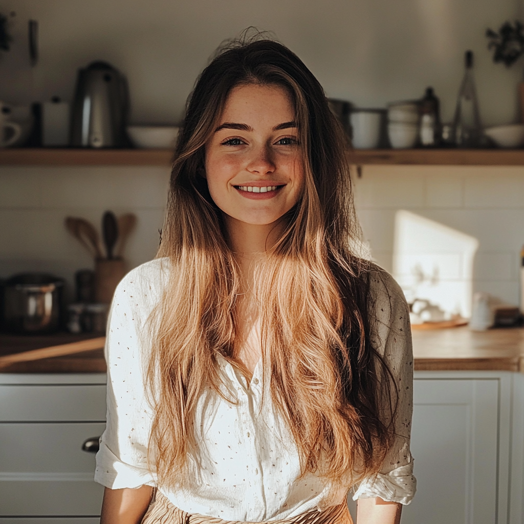 A smiling woman standing in her kitchen | Source: Midjourney