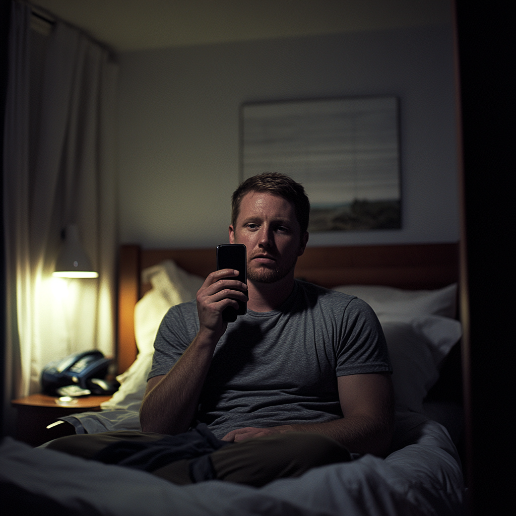 A tired man talking on his phone in his bedroom | Source: Midjourney