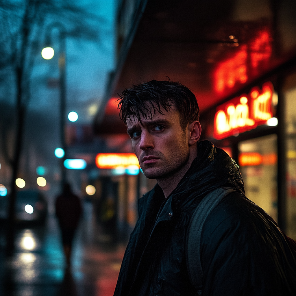 A young man standing outside in the rain | Source: Midjourney