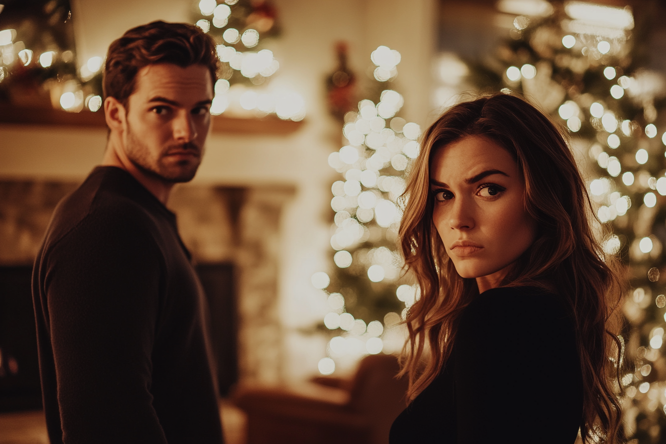 Man in his 30s looking upset next to his wife in front of a Christmas tree and fireplace | Source: Midjourney