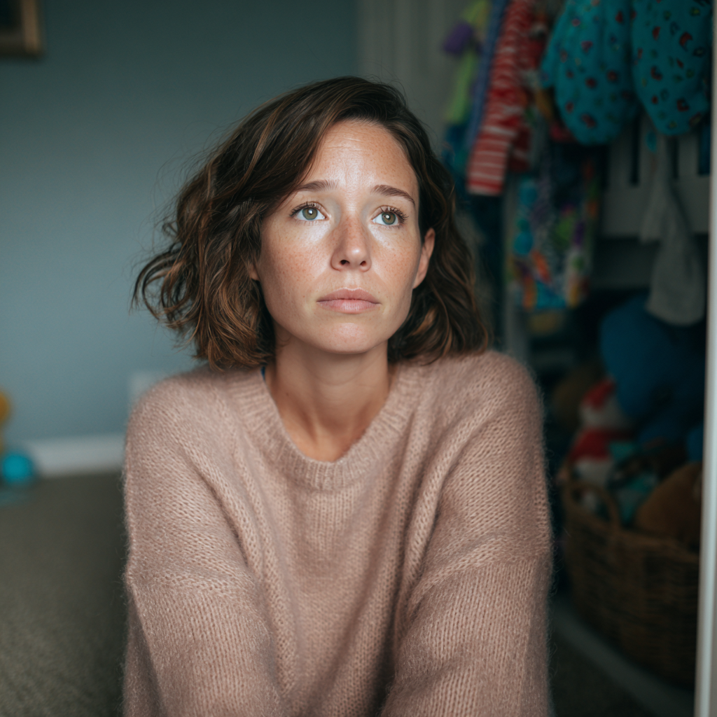 An emotional woman sitting on the floor of a child's bedroom | Source: Midjourney