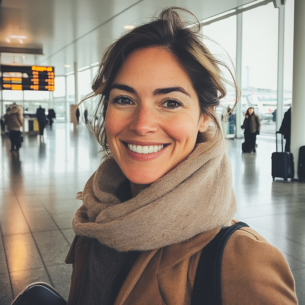 A smiling woman at an airport | Source: Midjourney