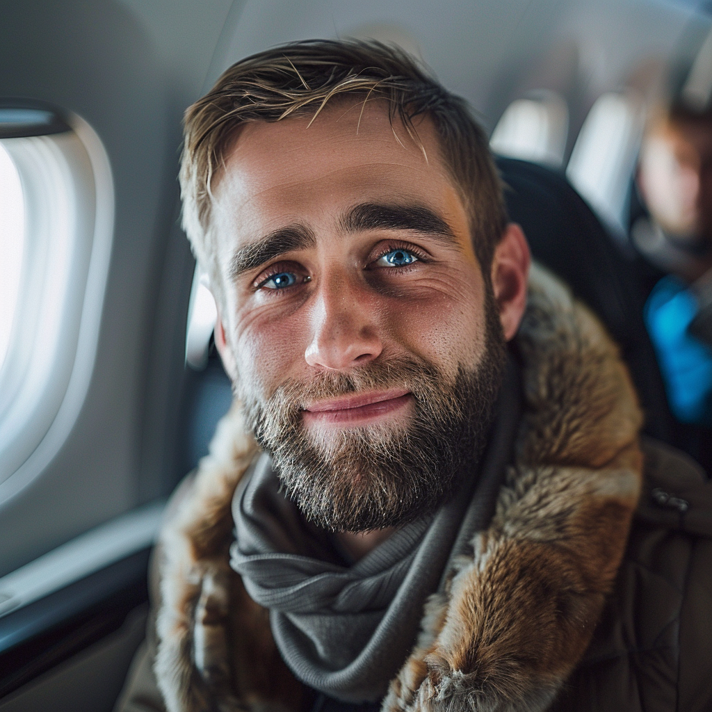 Um homem sorridente sentado perto da janela de um avião | Fonte: Midjourney