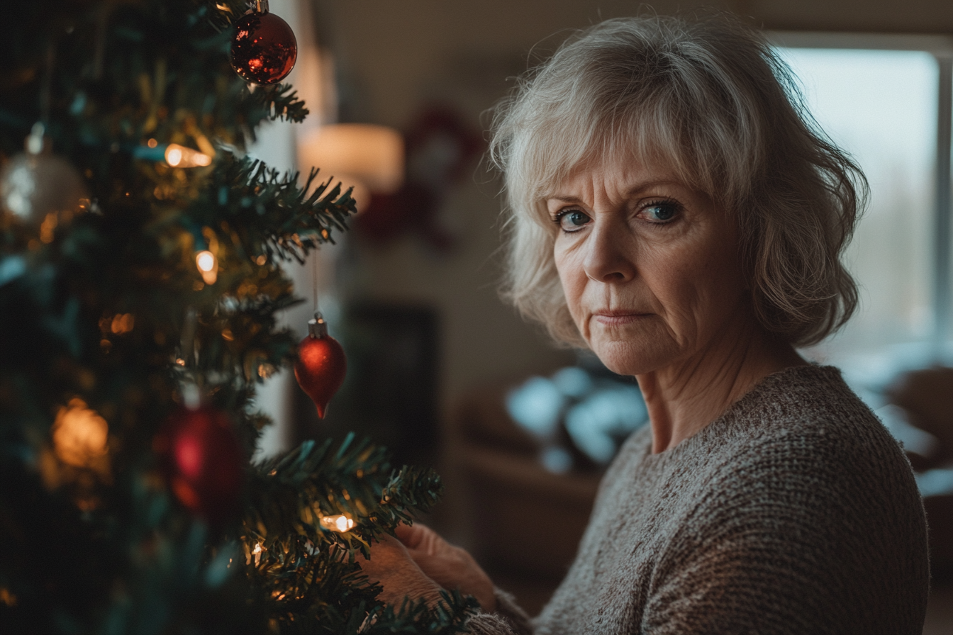 A mature woman decorating a Christmas tree alone | Source: Midjourney