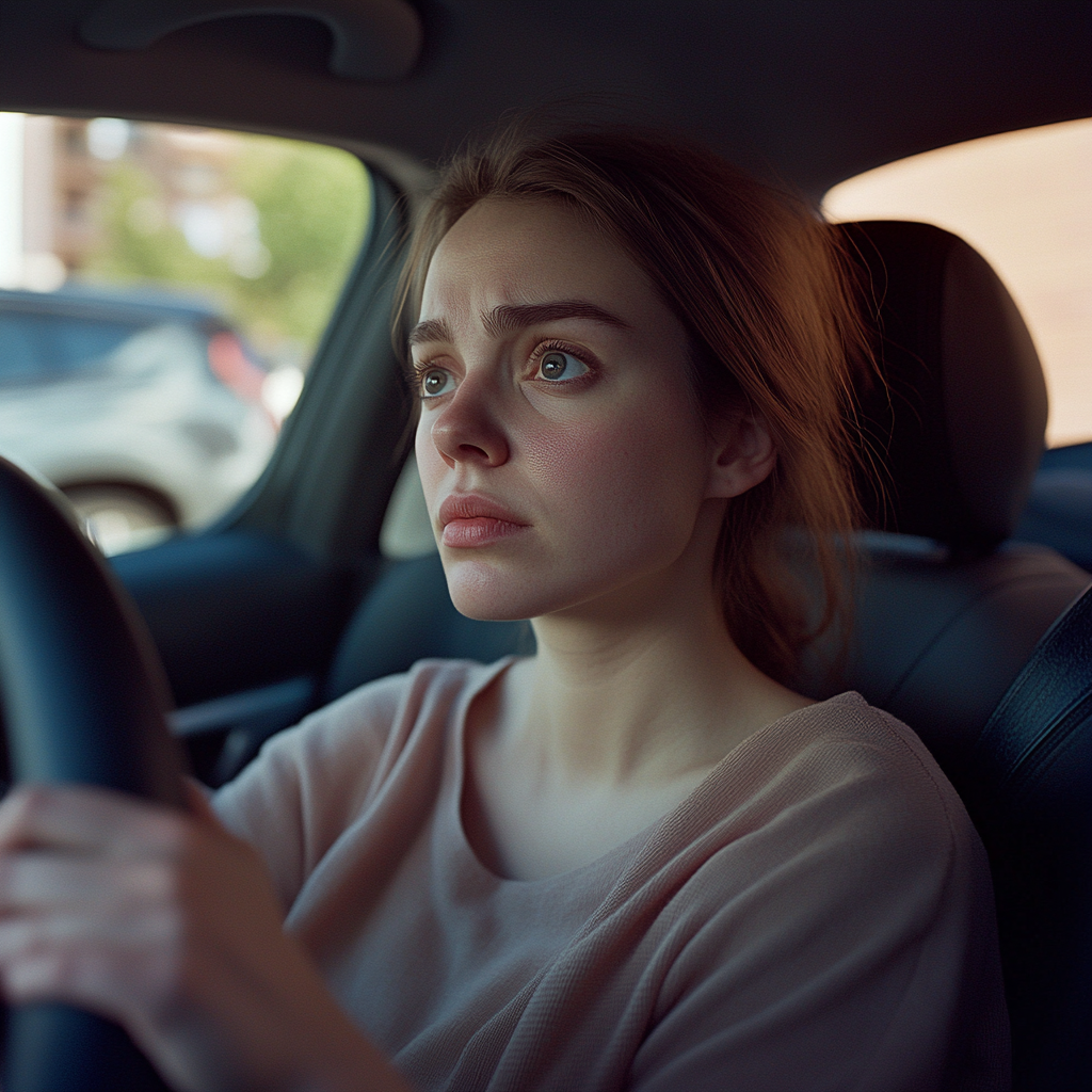 A woman sitting in a car with her hands clenched around the steering wheel | Source: Midjourney