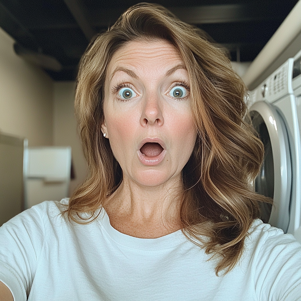 A shocked woman standing in a laundry room | Source: Midjourney