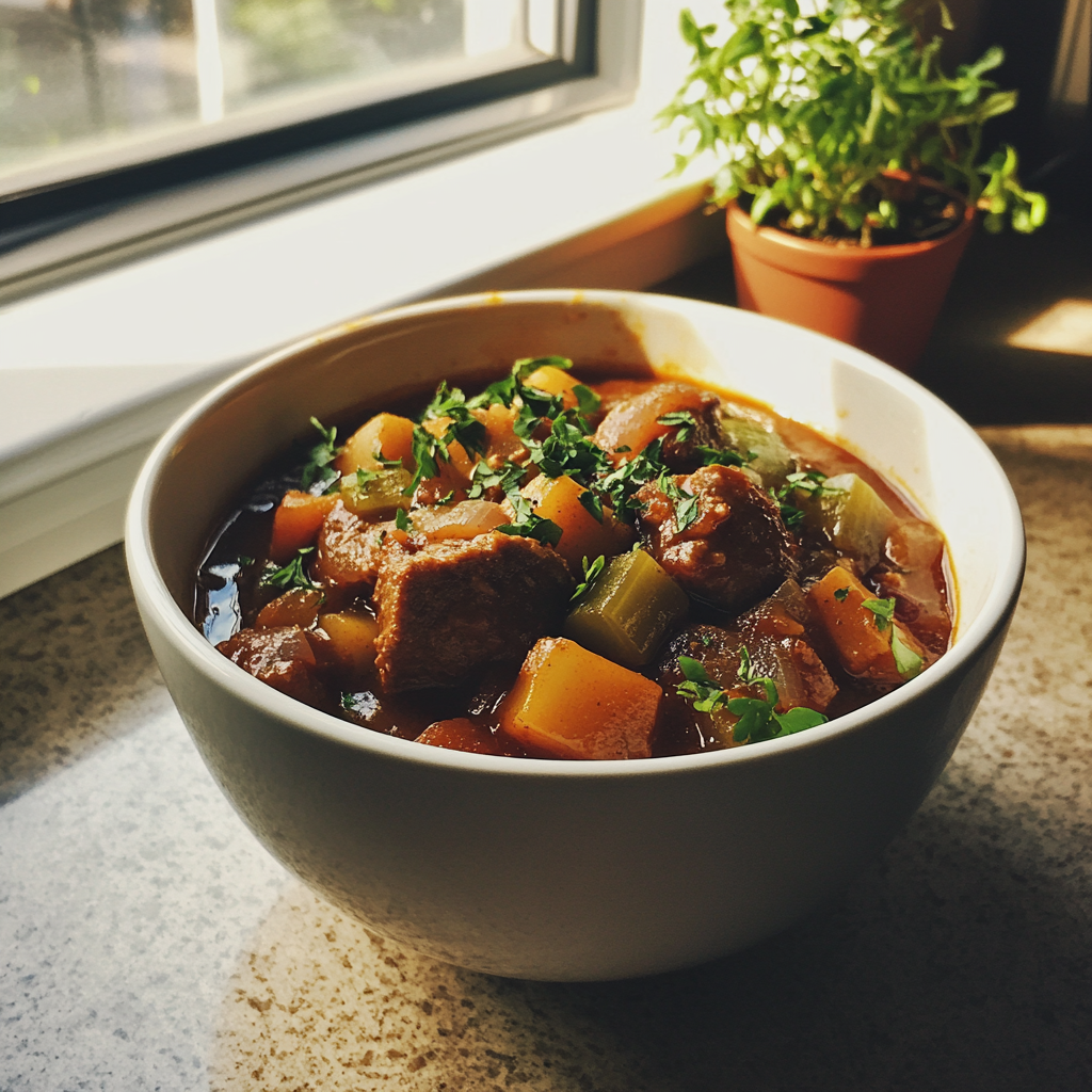 A bowl of stew on a kitchen counter | Source: Midjourney