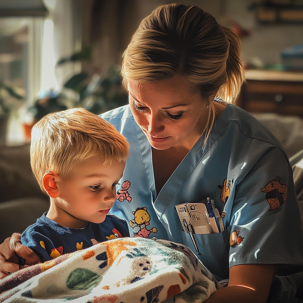 A woman wrapping her son in a blanket | Source: Midjourney