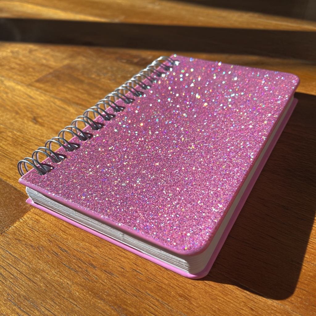 A glittery notebook on a table | Source: Midjourney