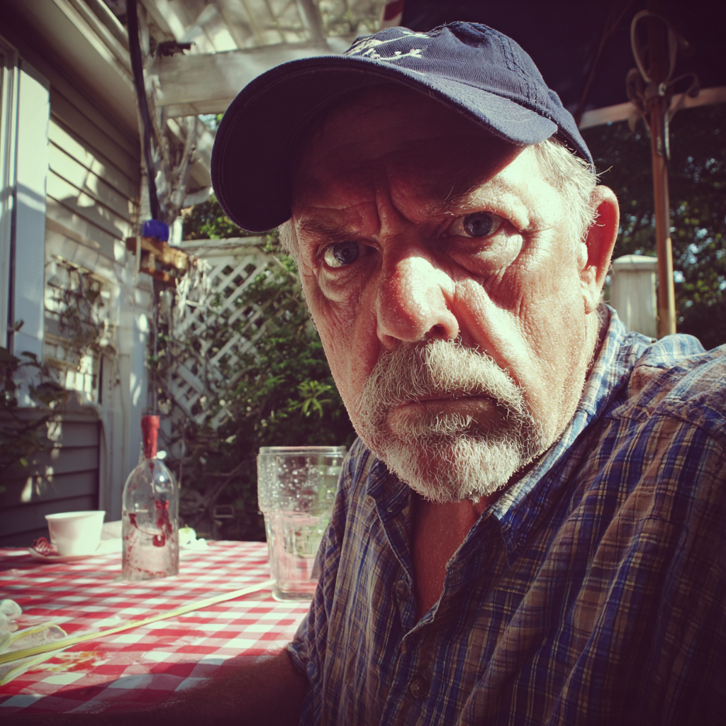 An angry man sitting at a picnic table | Source: Midjourney