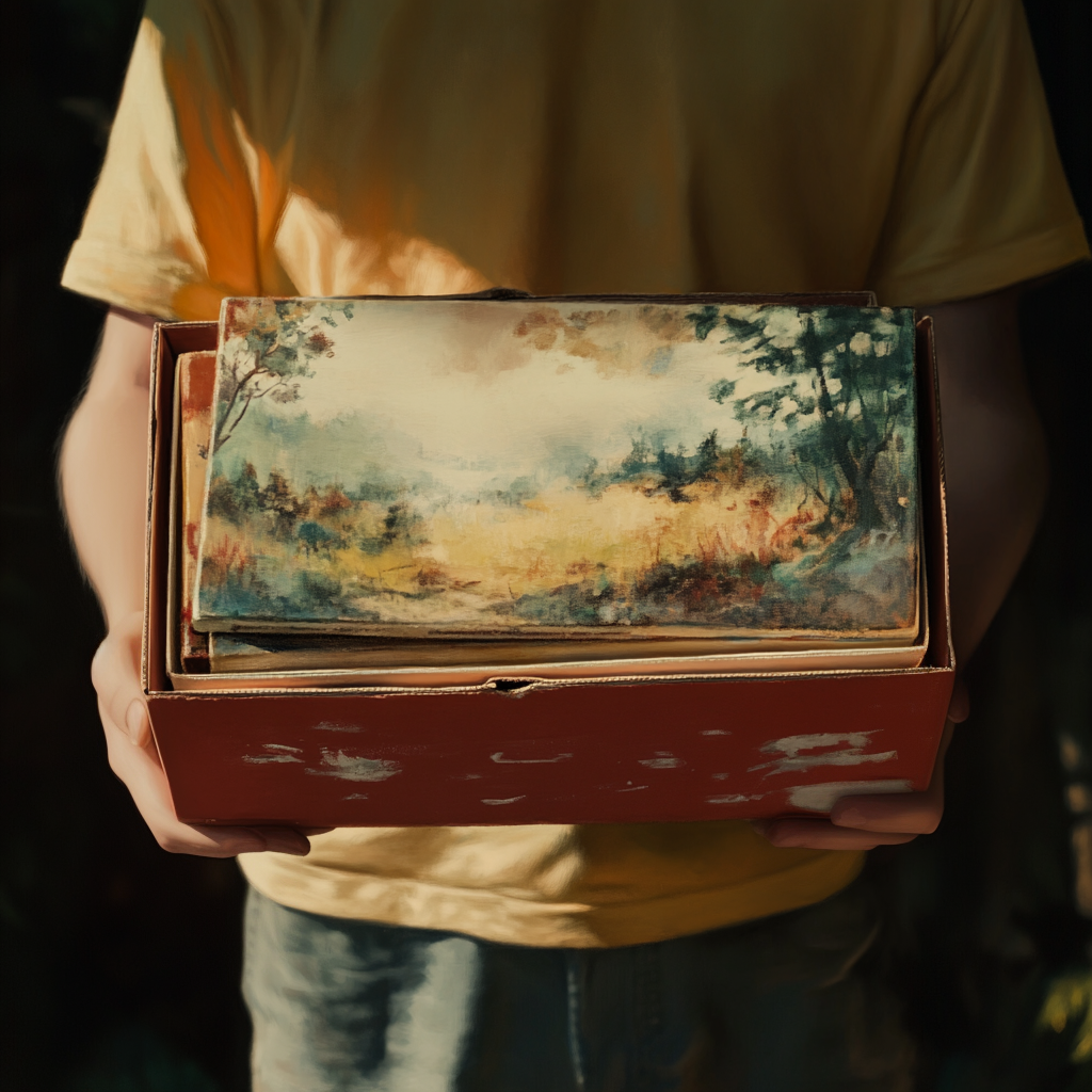 A boy holding a box of paintings | Source: Midjourney