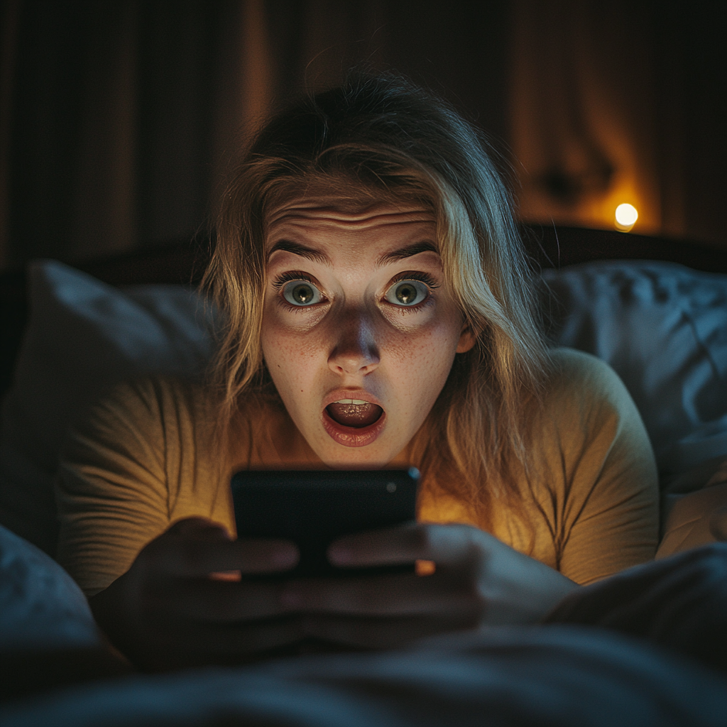 A shocked woman looking at a phone | Source: Midjourney