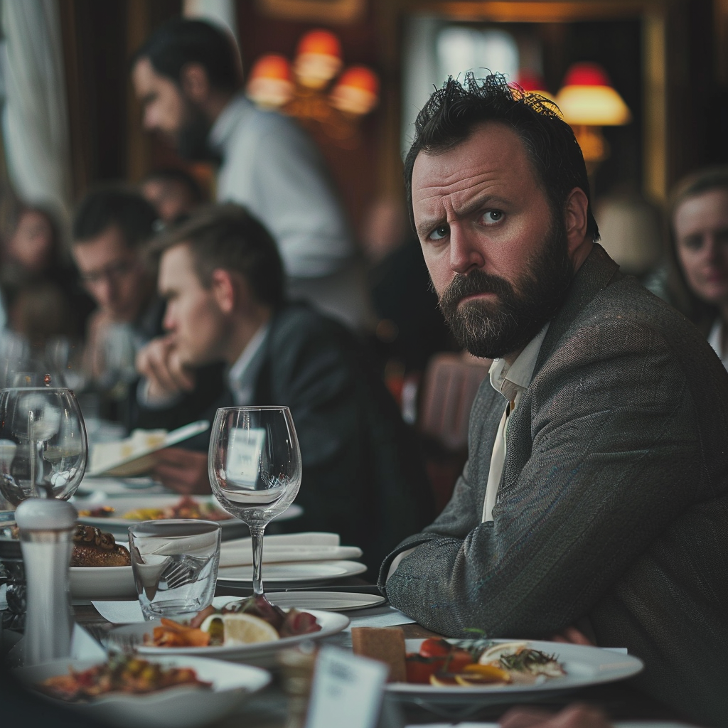 A man is annoyed during a family dinner in a restaurant | Source: Midjourney