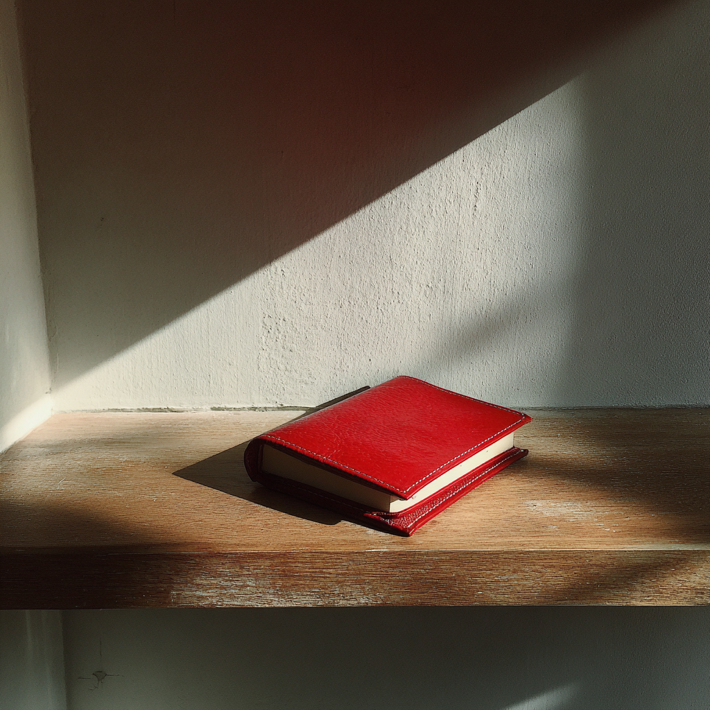 A red notebook on a shelf | Source: Midjourney