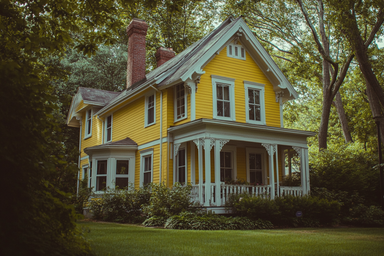 A yellow house surrounded by trees | Source: Midjourney