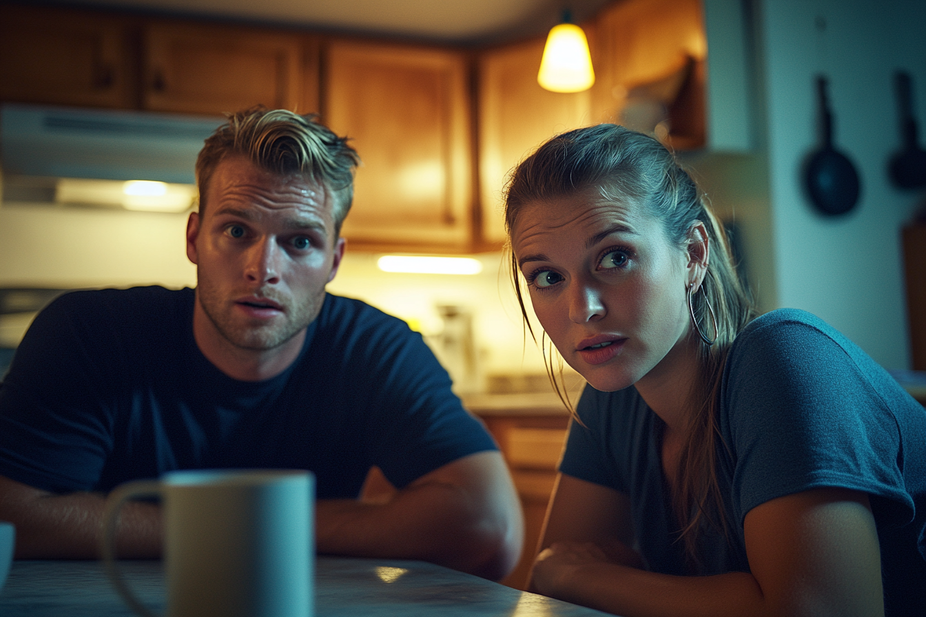 A man and woman in their 30s looking surprised and sad sitting at the kitchen table | Source: Midjourney