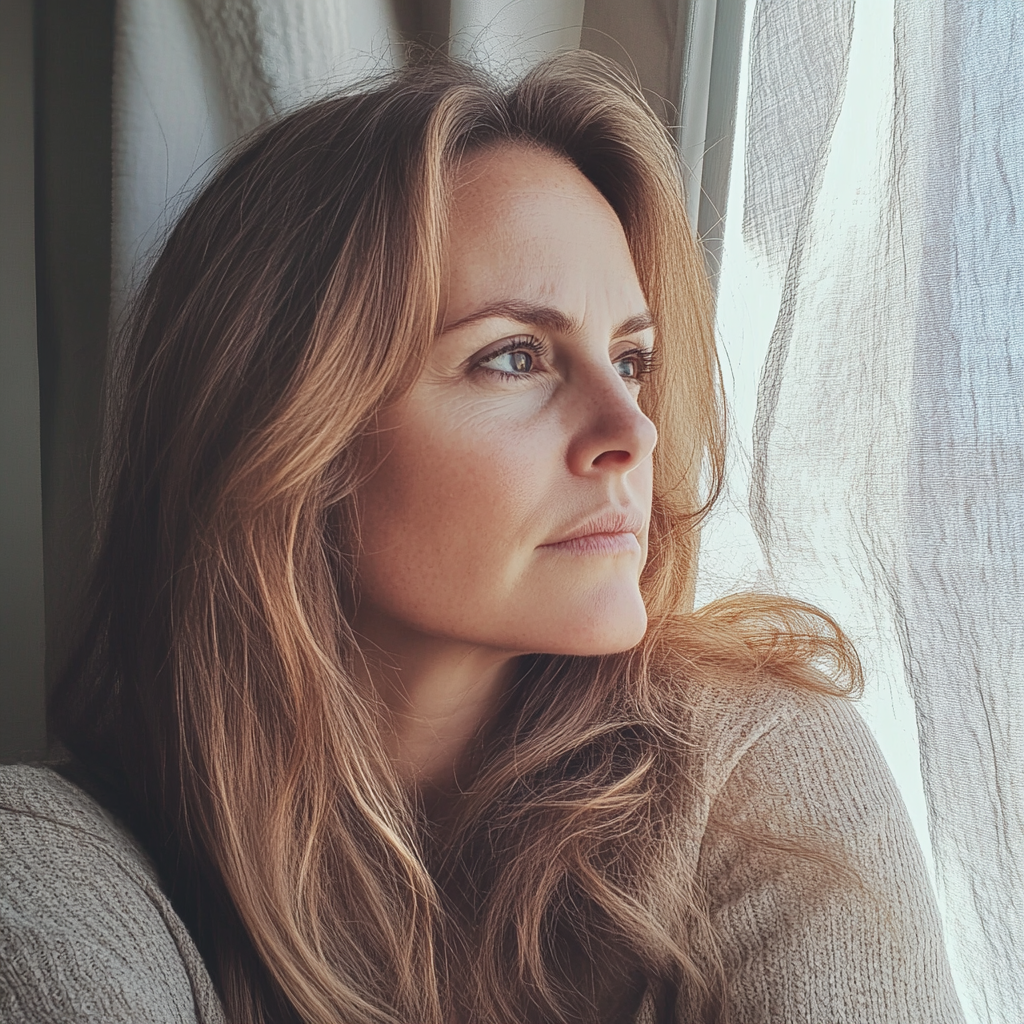 A sad woman sitting by a window | Source: Midjourney