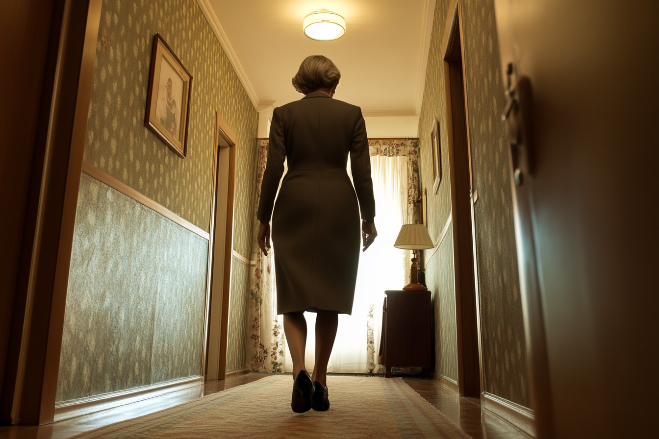 A woman walking down a hallway | Source: Midjourney