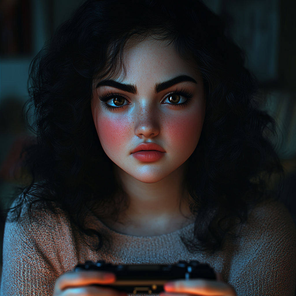 A sad woman holding a game console | Source: Midjourney