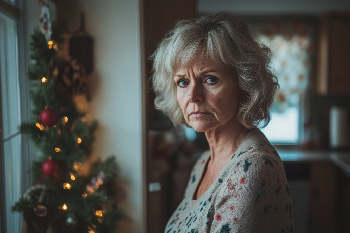 A solemn-looking woman standing in a kitchen | Source: Midjourney