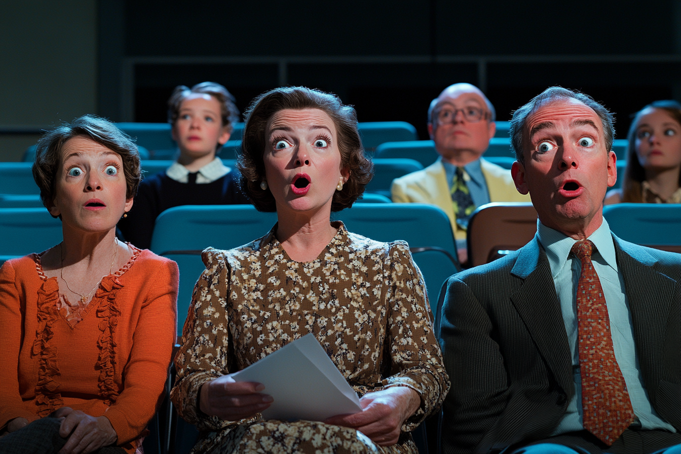 People sitting in an auditorium with shocked faces | Source: Midjourney