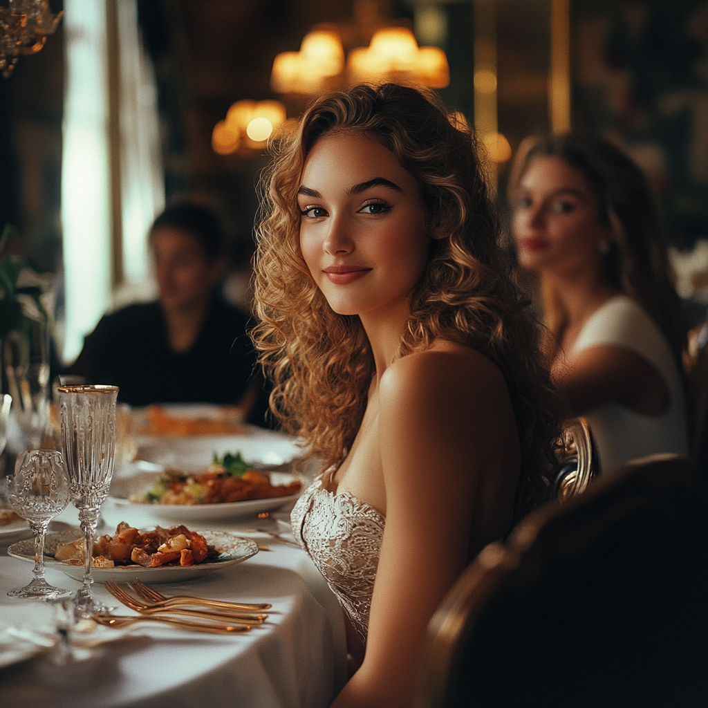 Wooman smiling while enjoying dinner with her family members | Source: Midjourney