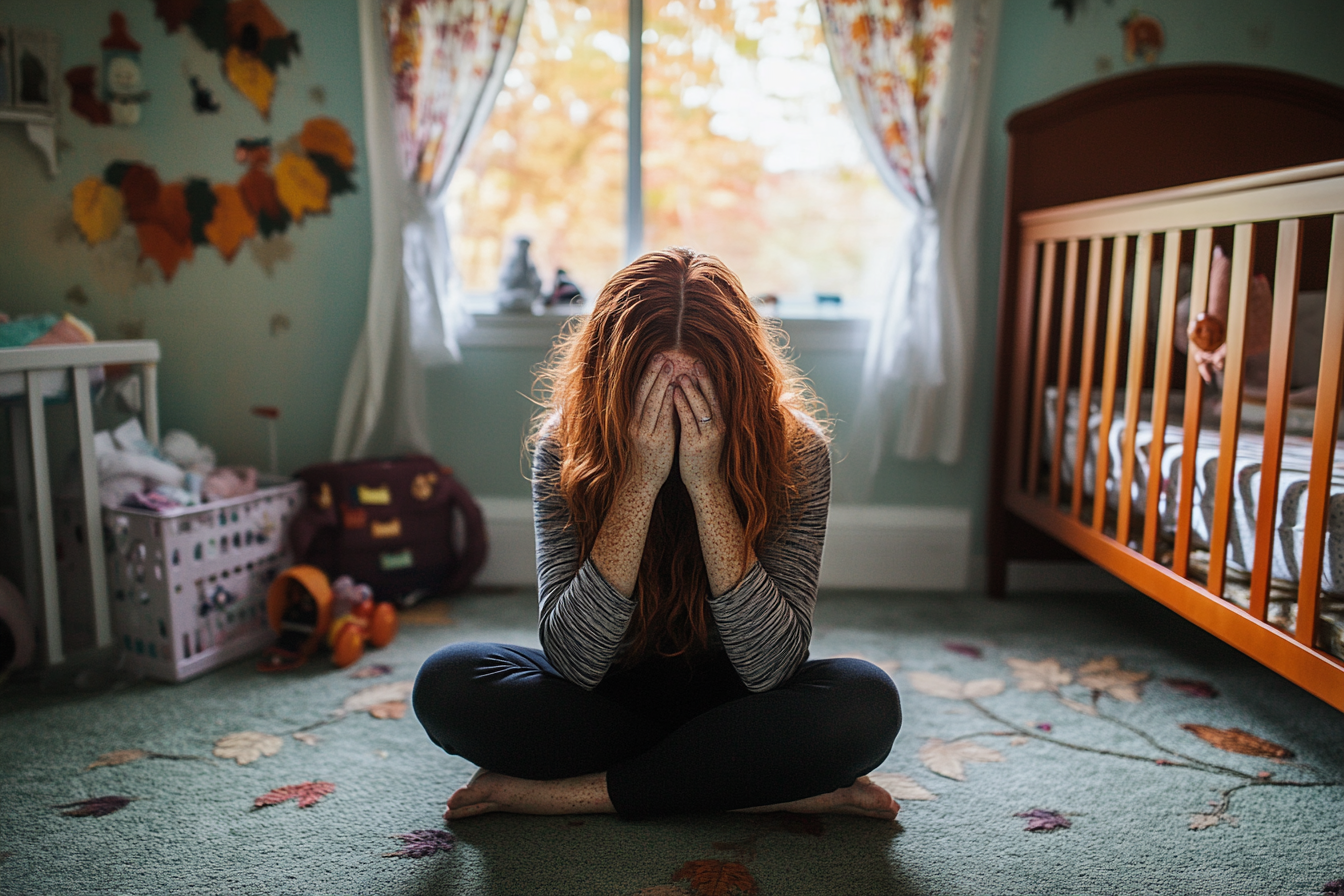 A woman crying in a nursery | Source: Midjourney