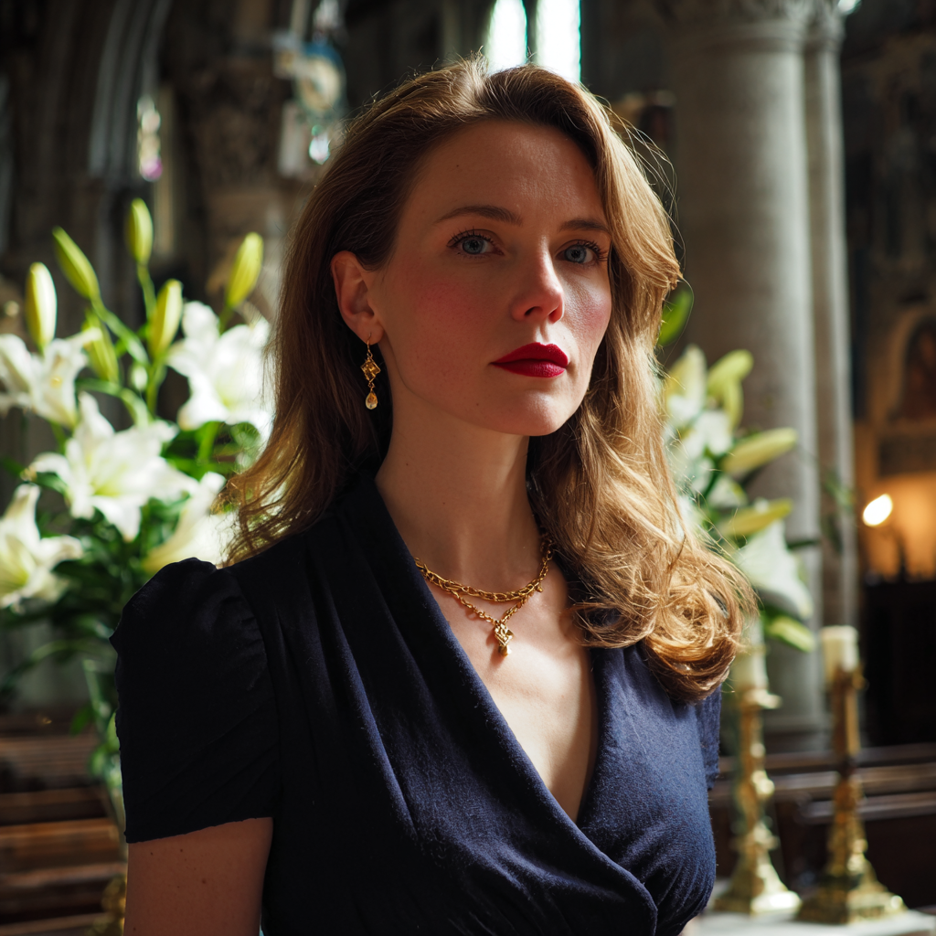 A woman wearing a navy dress in a church | Source: Midjourney