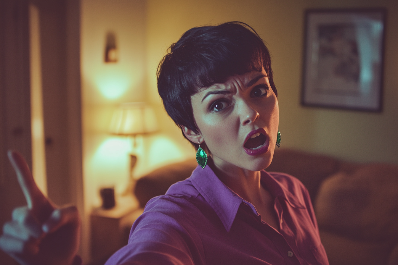 An angry woman in her 20s stands in the living room pointing her finger | Source: Midjourney