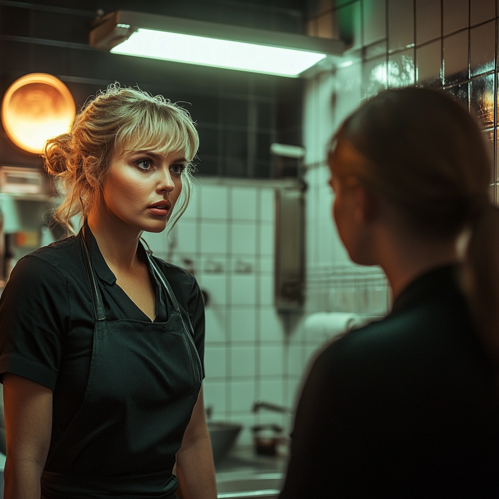 A waitress talking to a woman | Source: Midjourney