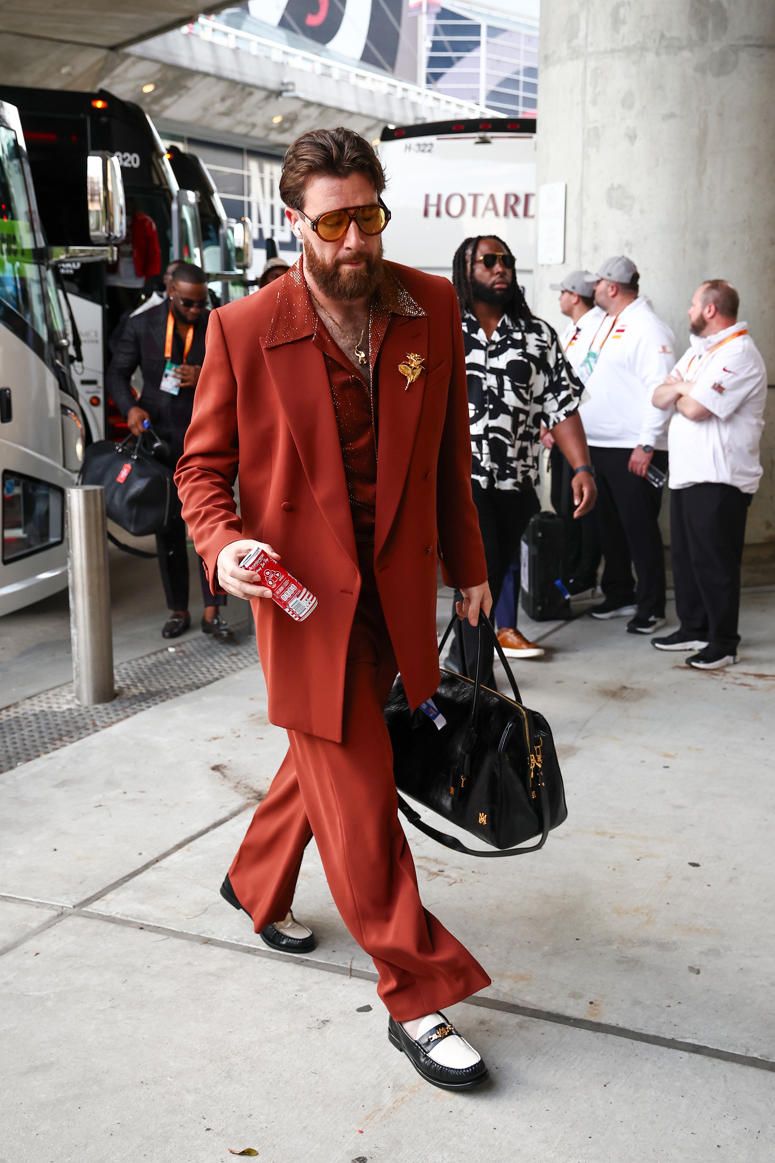 Travis Kelce arriving at the Super Bowl stadium ahead of the game. | Source: Getty Images