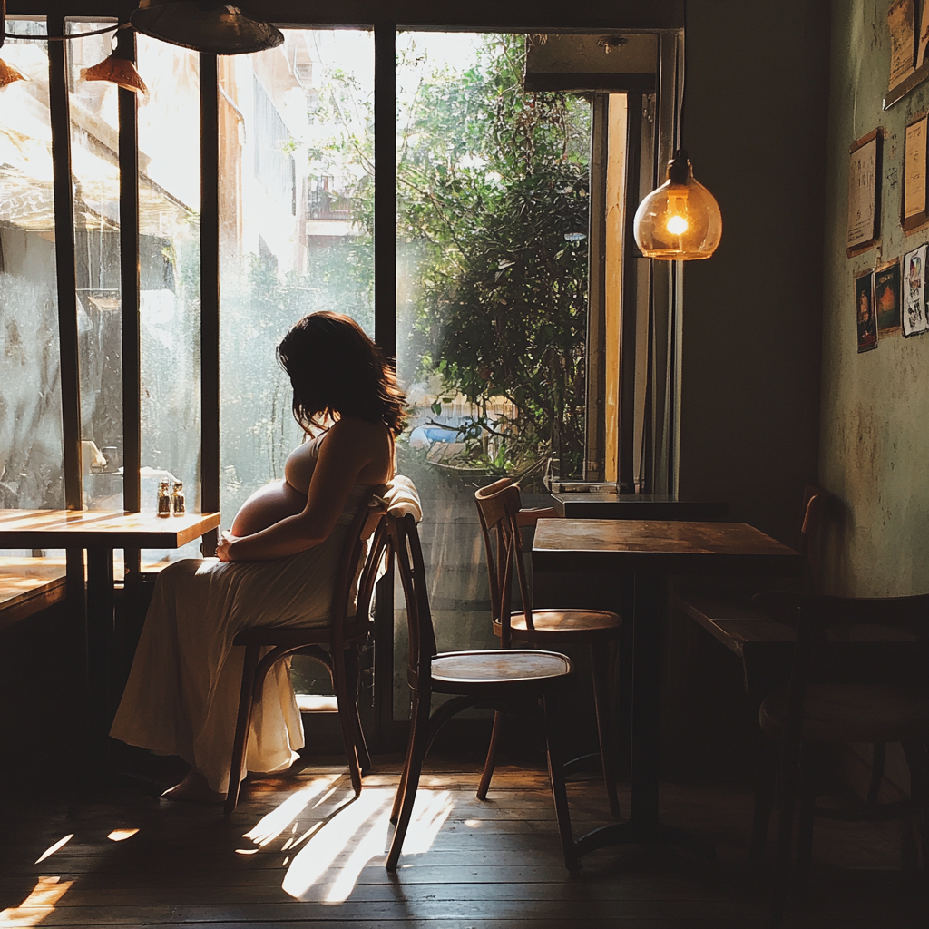 A pregnant woman sitting in a café before her fall | Source: Midjourney