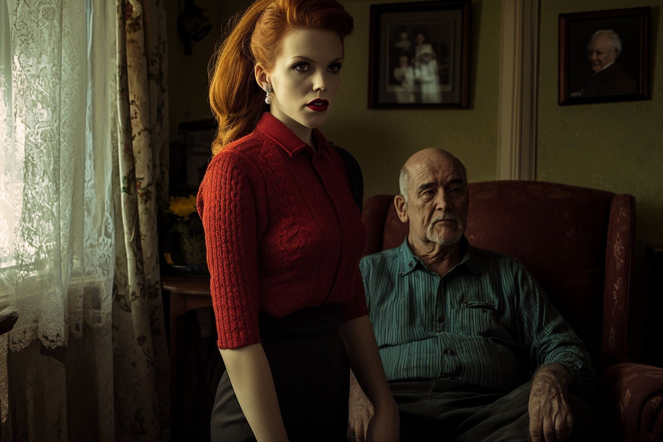 Woman in her 40s standing almost protectively in front of man in 70s sitting in armchair | Source: Midjourney