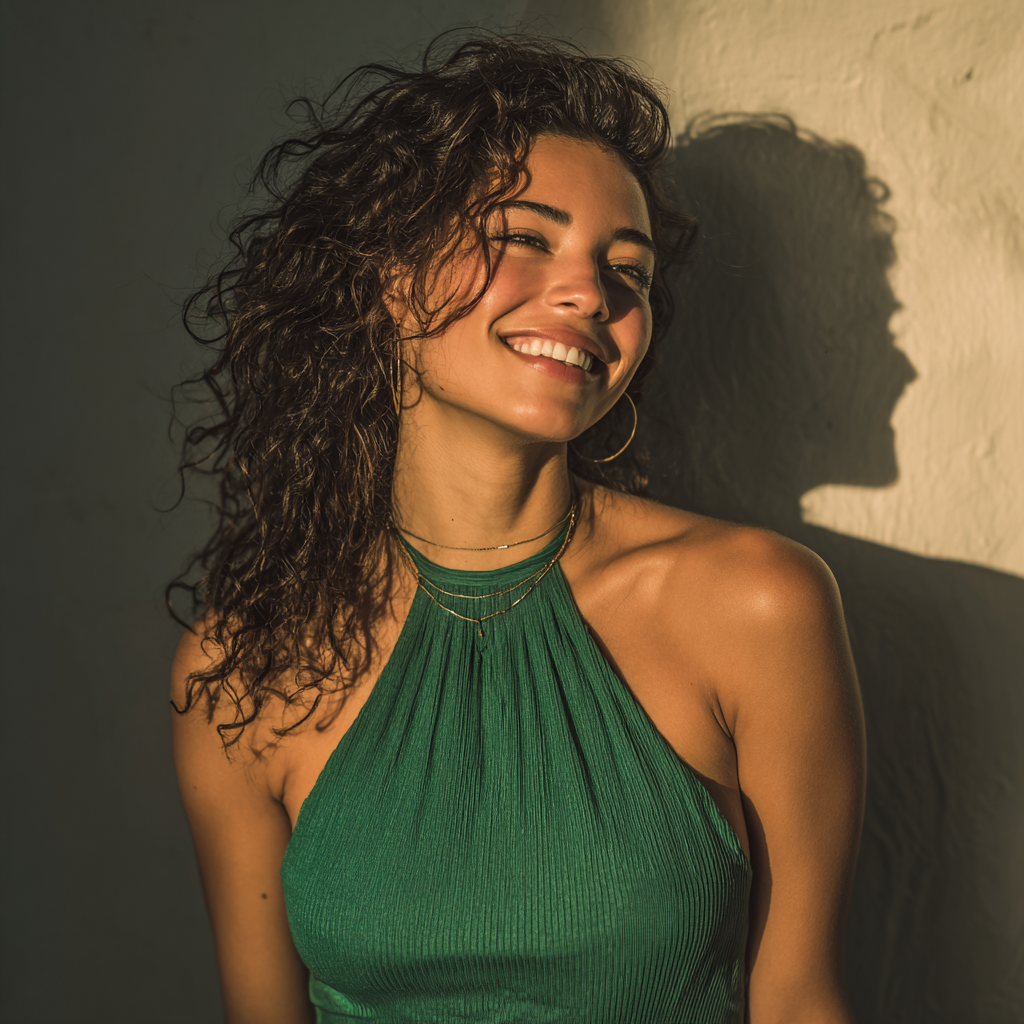A happy woman in a green dress | Source: Midjourney