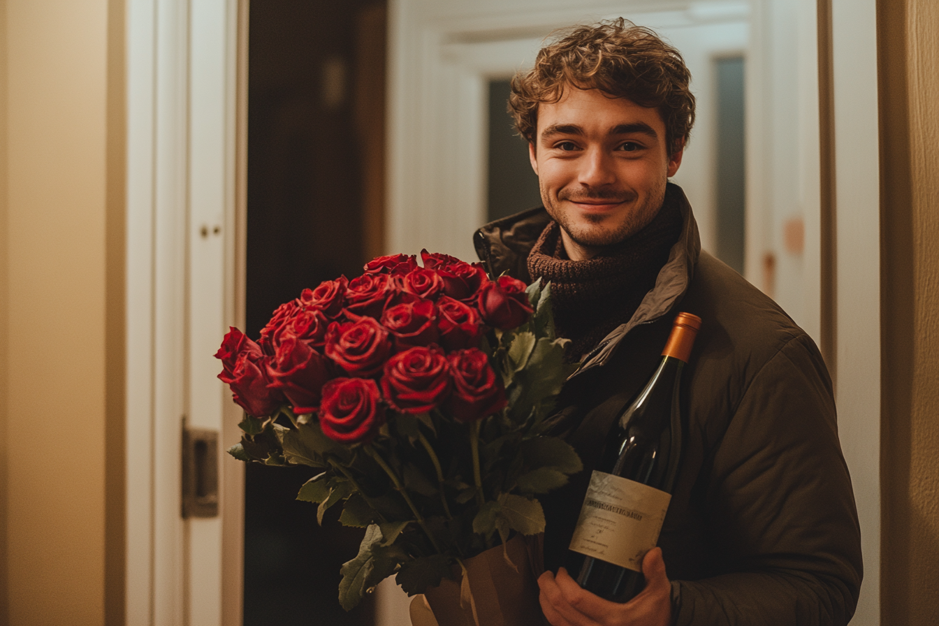 Un homme sur le pas de la porte, tenant des roses et une bouteille de vin | Source : Midjourney