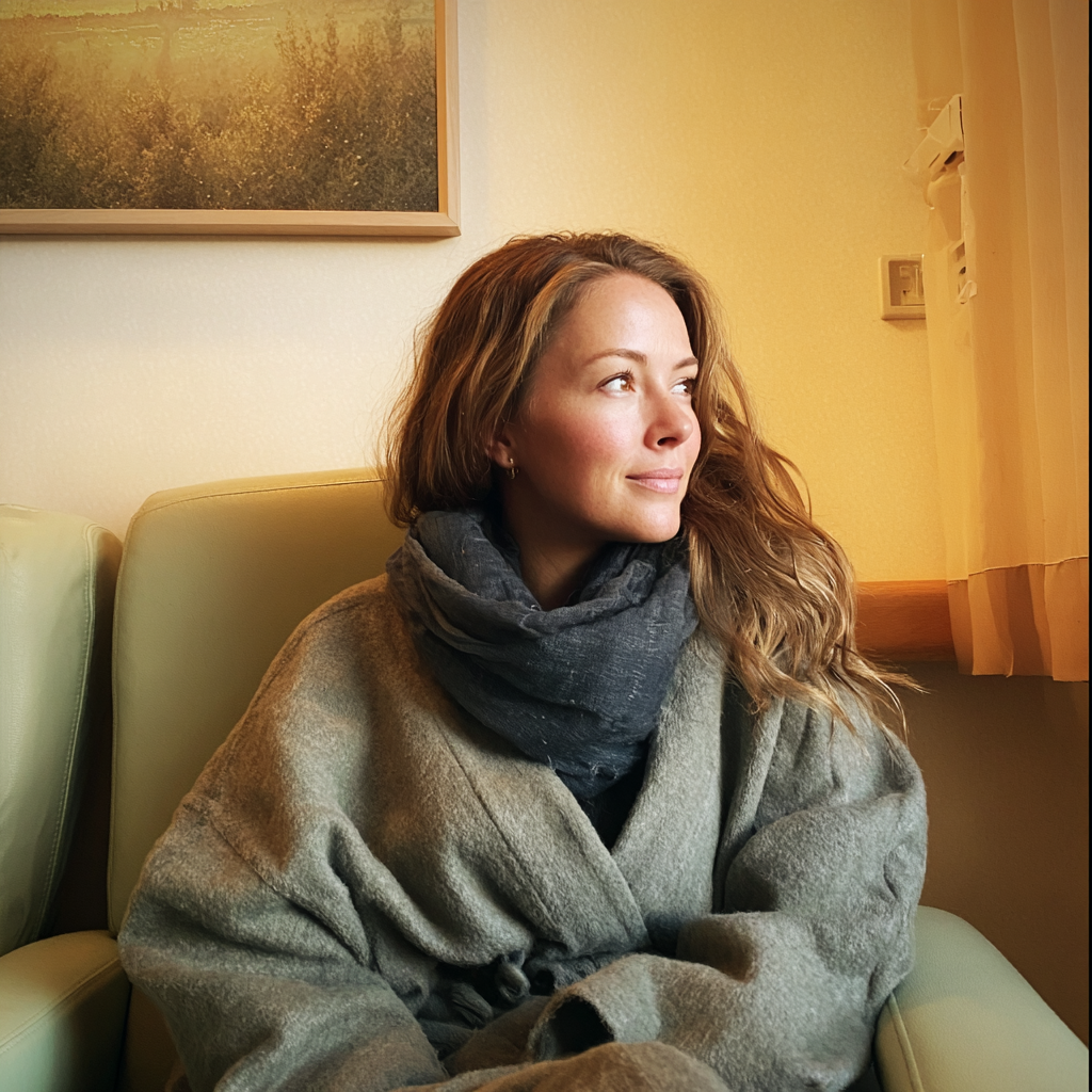 A woman sitting in an armchair and smiling gently | Source: Midjourney
