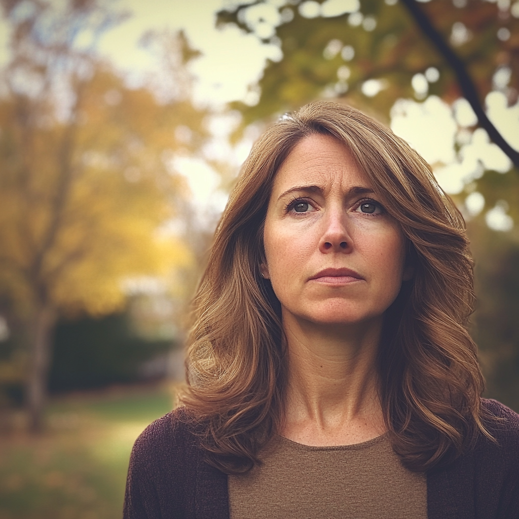 A frowning woman standing outside | Source: Midjourney