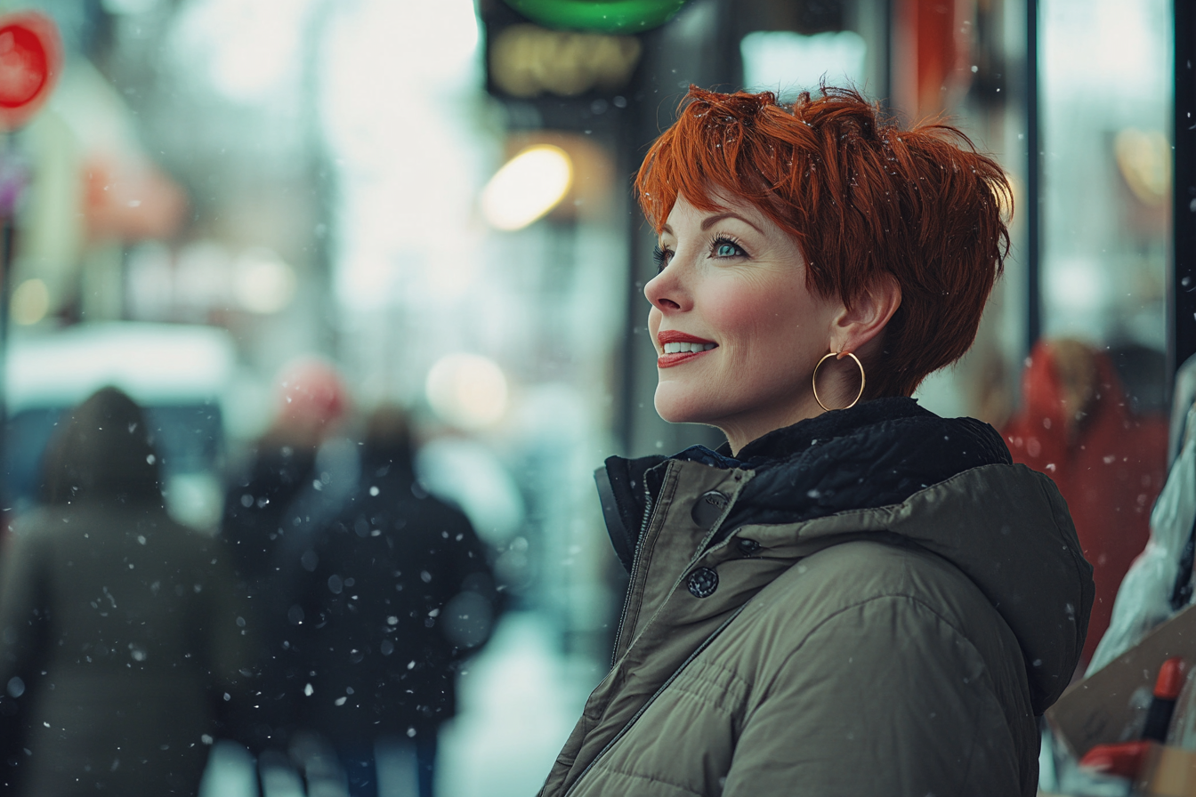 Uma mulher de quase 40 anos sorrindo em uma rua com neve durante o dia | Fonte: Midjourney