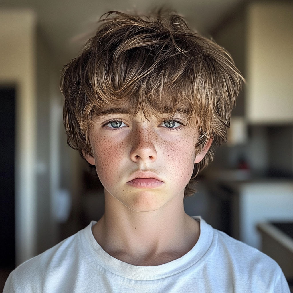 An upset boy standing in a kitchen | Source: Midjourney