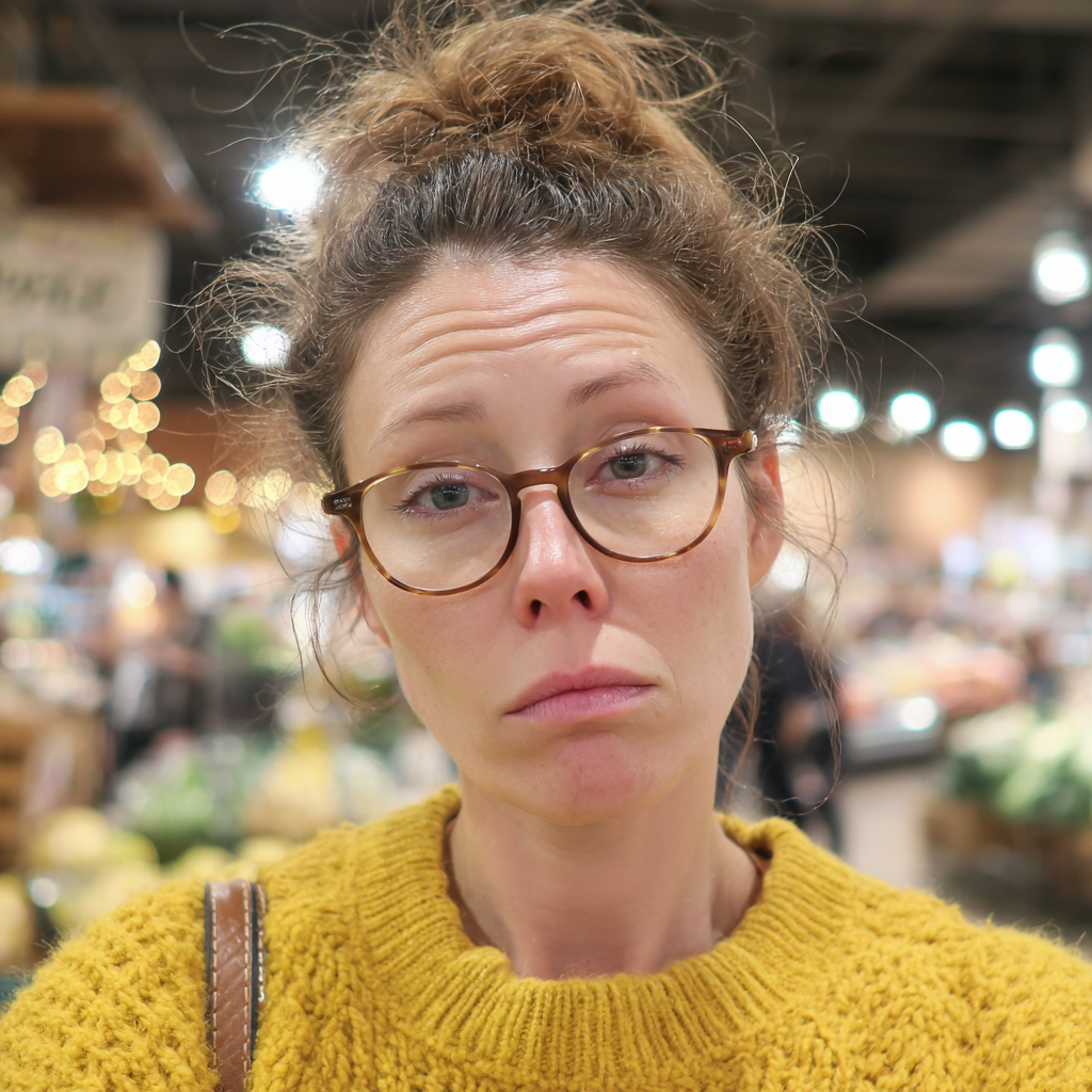 A tired woman standing in a grocery store | Source: Midjourney