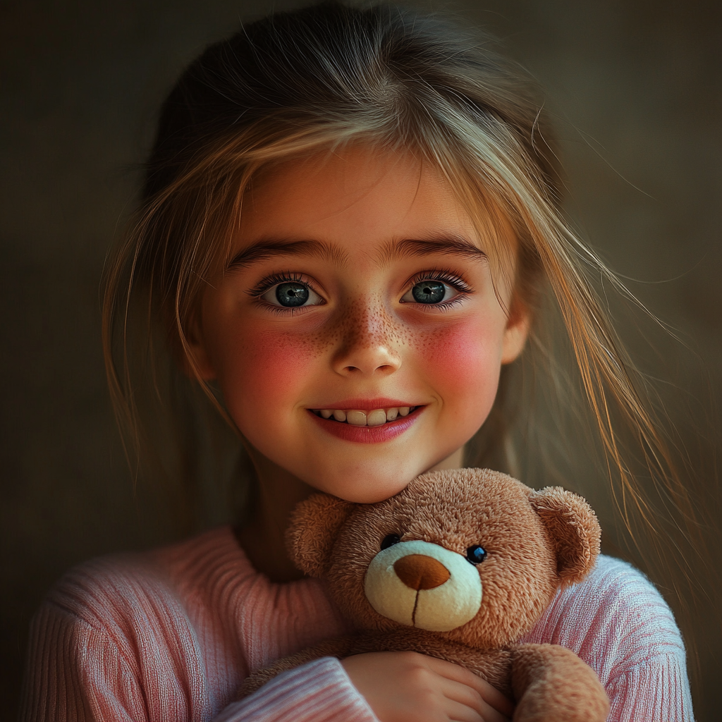 A cheerful little girl holding a teddy bear | Source: Midjourney