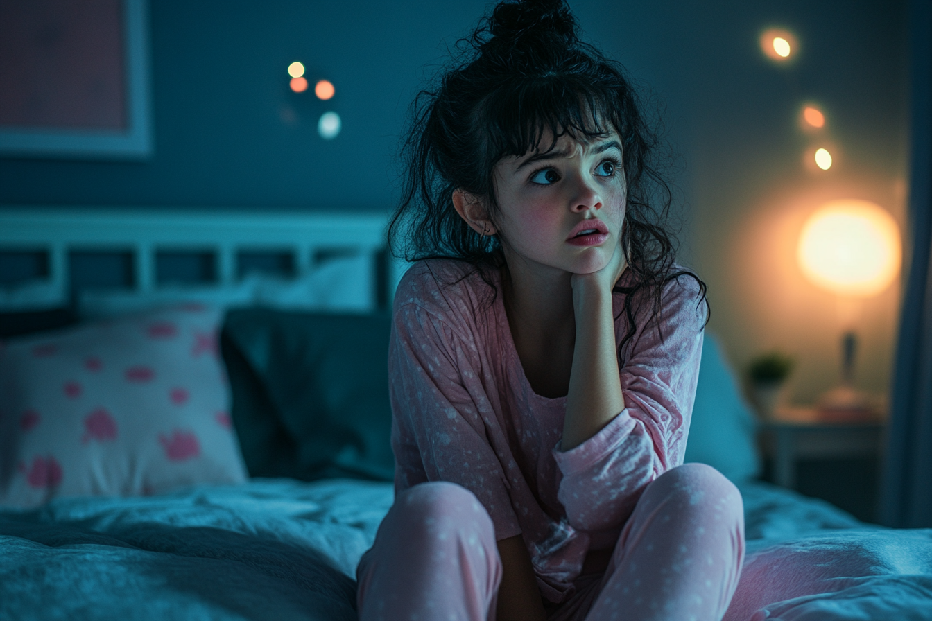 A 12-year-old girl sitting on her bed, late at night, looking confused and scared | Source: Midjourney