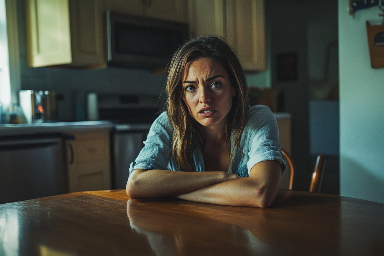 A tense woman speaking to someone | Source: Midjourney