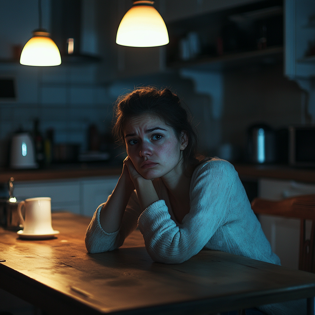 A sad woman sitting in her kitchen | Source: Midjourney