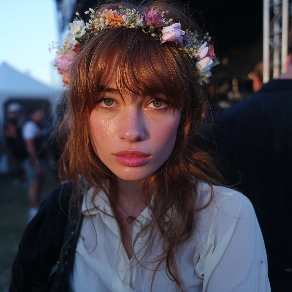 A close up of a woman wearing a flower clown | Source: Midjourney