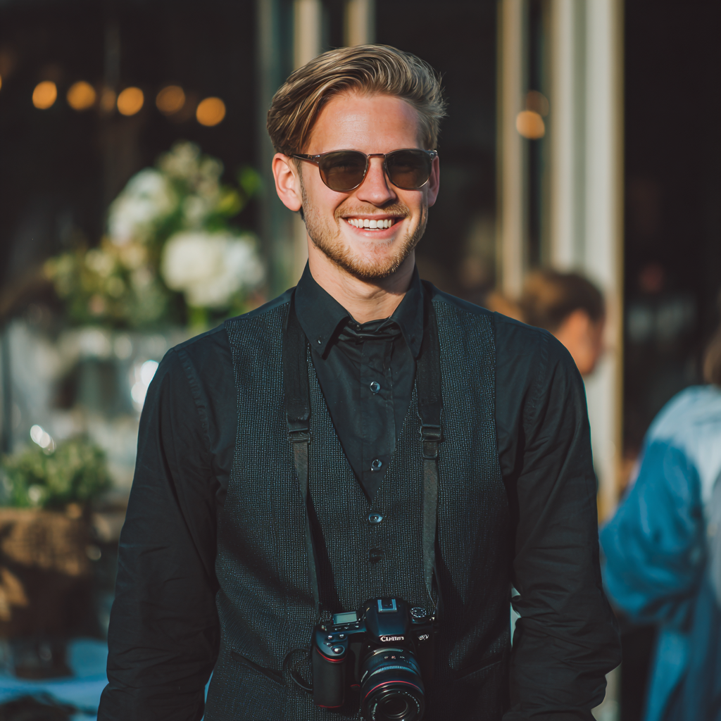 A smiling wedding photographer | Source: Midjourney