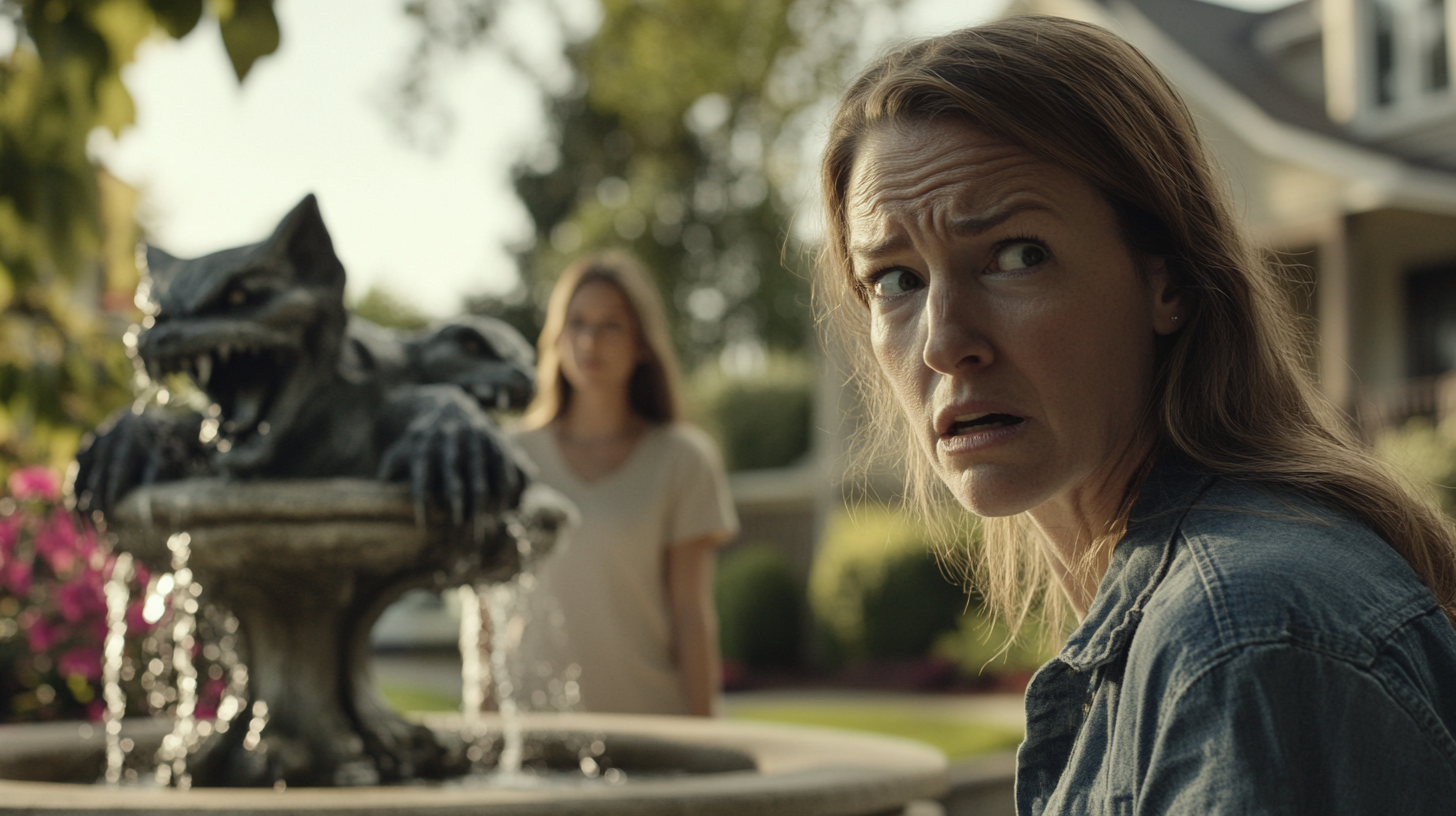 Shocked woman standing near an ugly fountain | Source: Midjourney