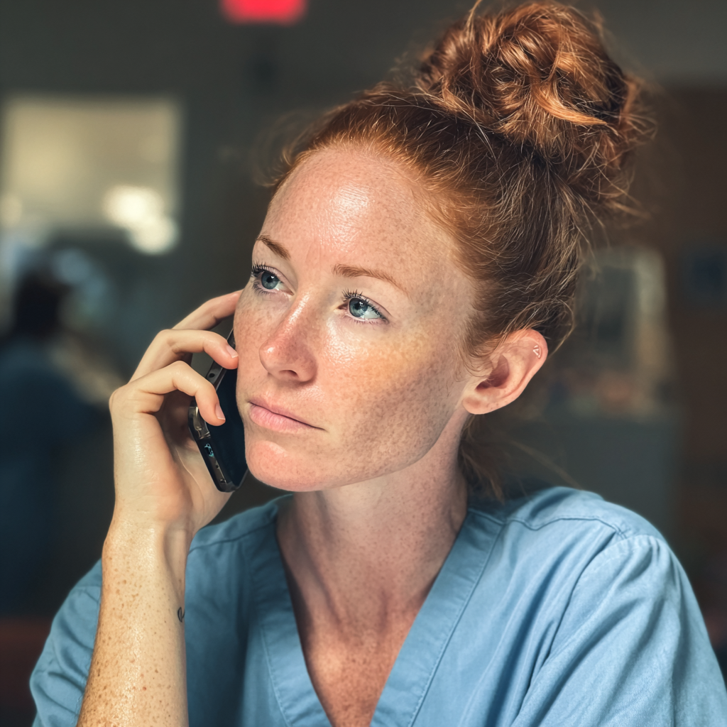 A woman wearing scrubs talking on a phone | Source: Midjourney