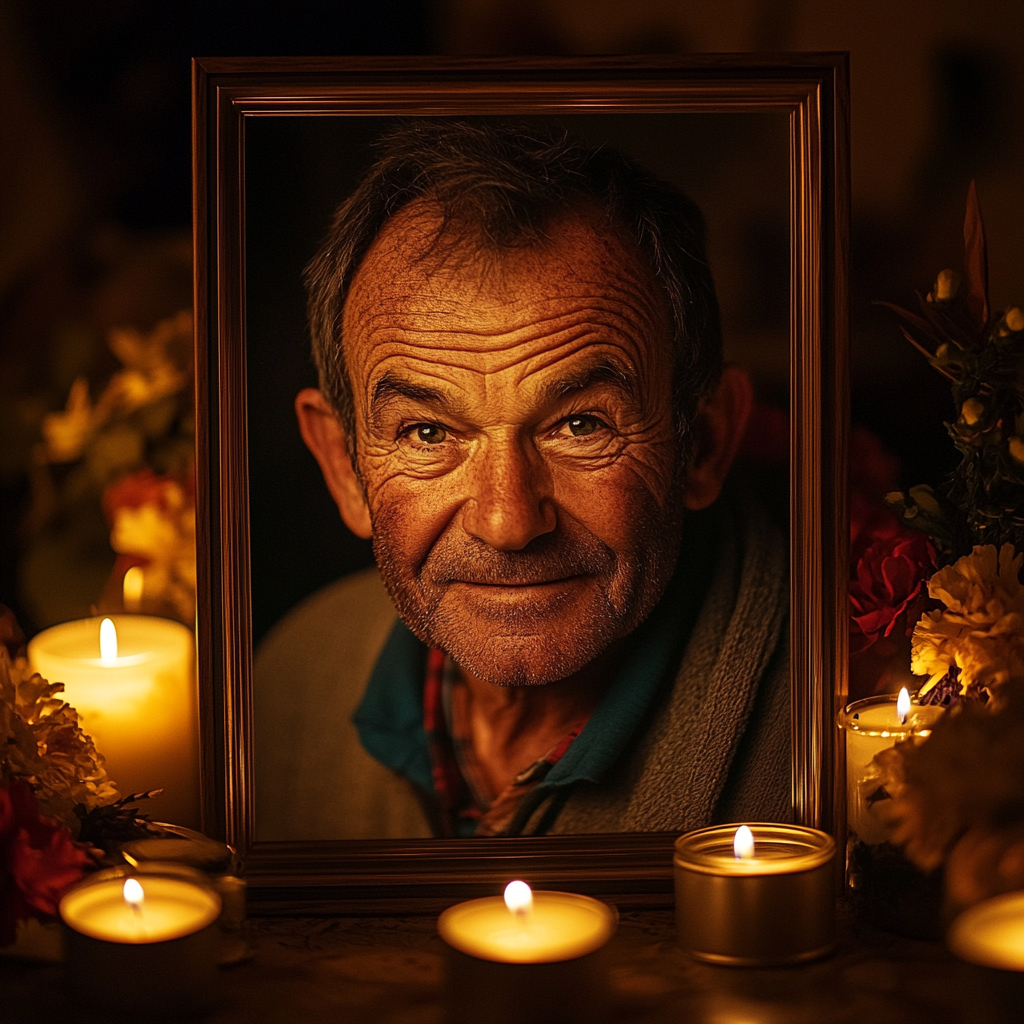 A framed photo of an older man adorned with scented candles and flowers | Source: Midjourney