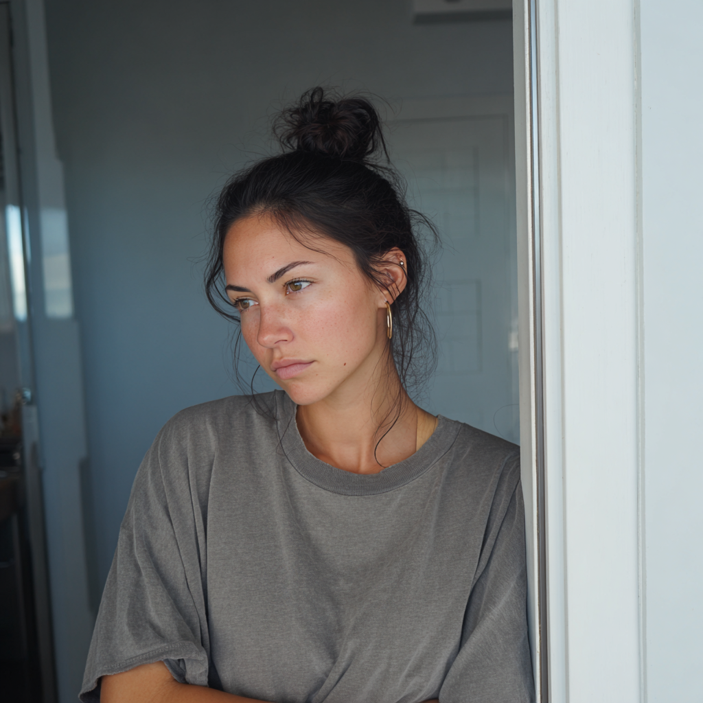 An annoyed woman wearing a gray t-shirt | Source: Midjourney
